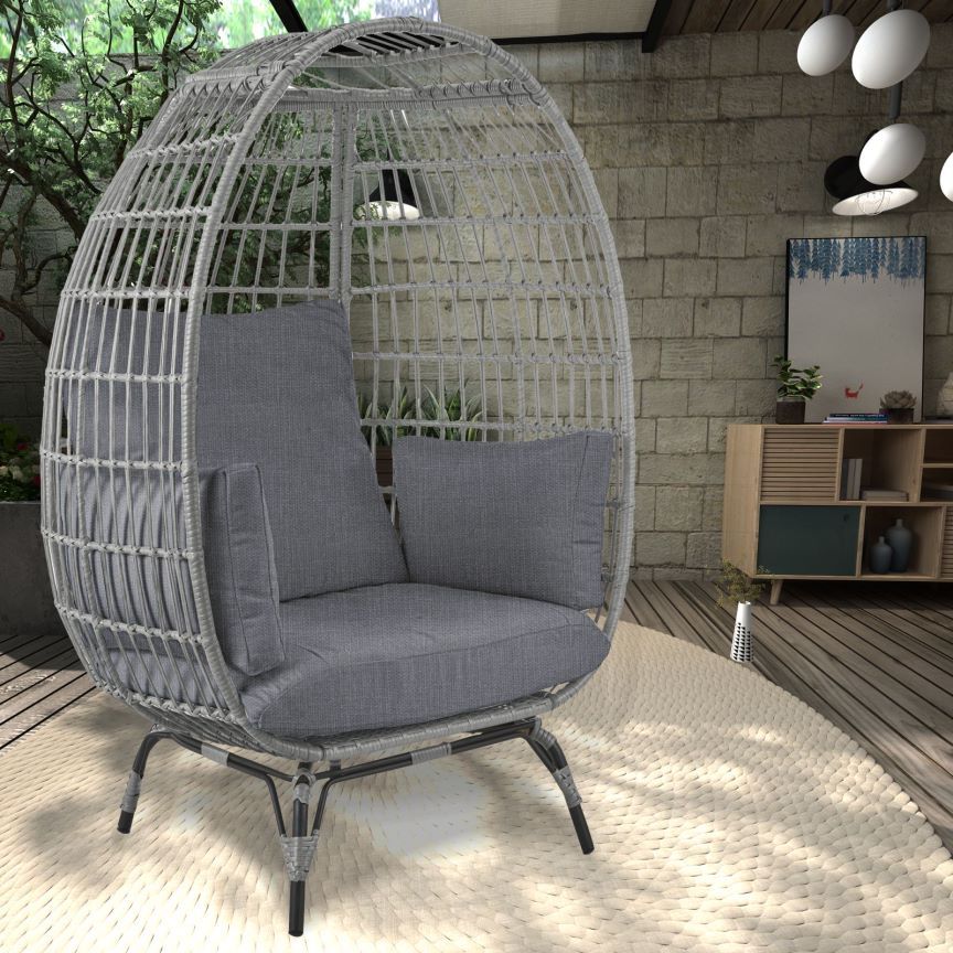 Large Outdoor Egg Chair, Indoor Patio Wicker Basket Chair With Cushion, Rattan Egg Chairs For Bedroom, Outside, Balcony,Grey Grey Pe Rattan Iron