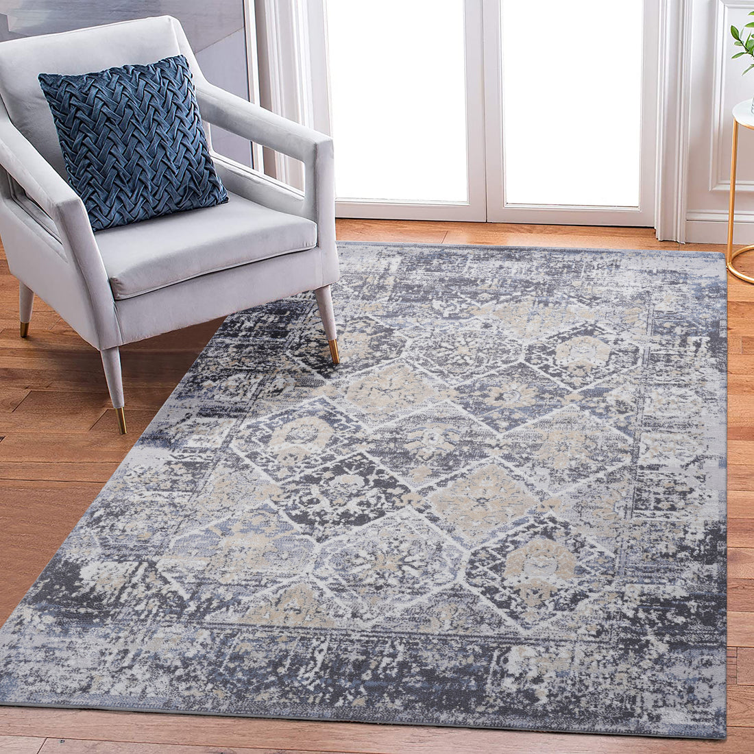 6X9 Grey Blue Traditional Non Shedding Living Room Bedroom Dining Home Office Stylish And Stain Resistant Area Rug Grey Blue Polyester