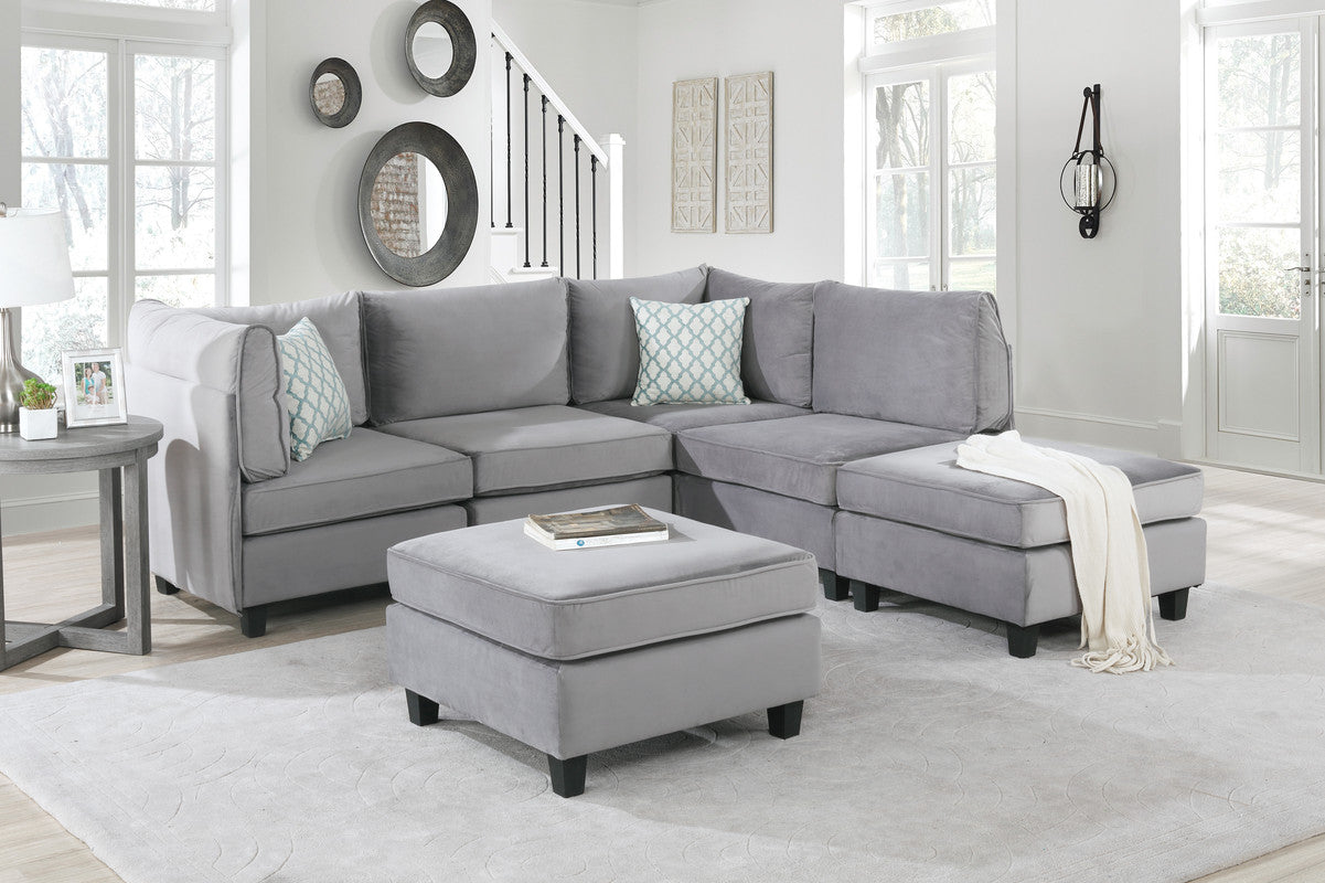 Simona 90" Gray Velvet 6Pc Modular Sectional Sofa Gray Velvet