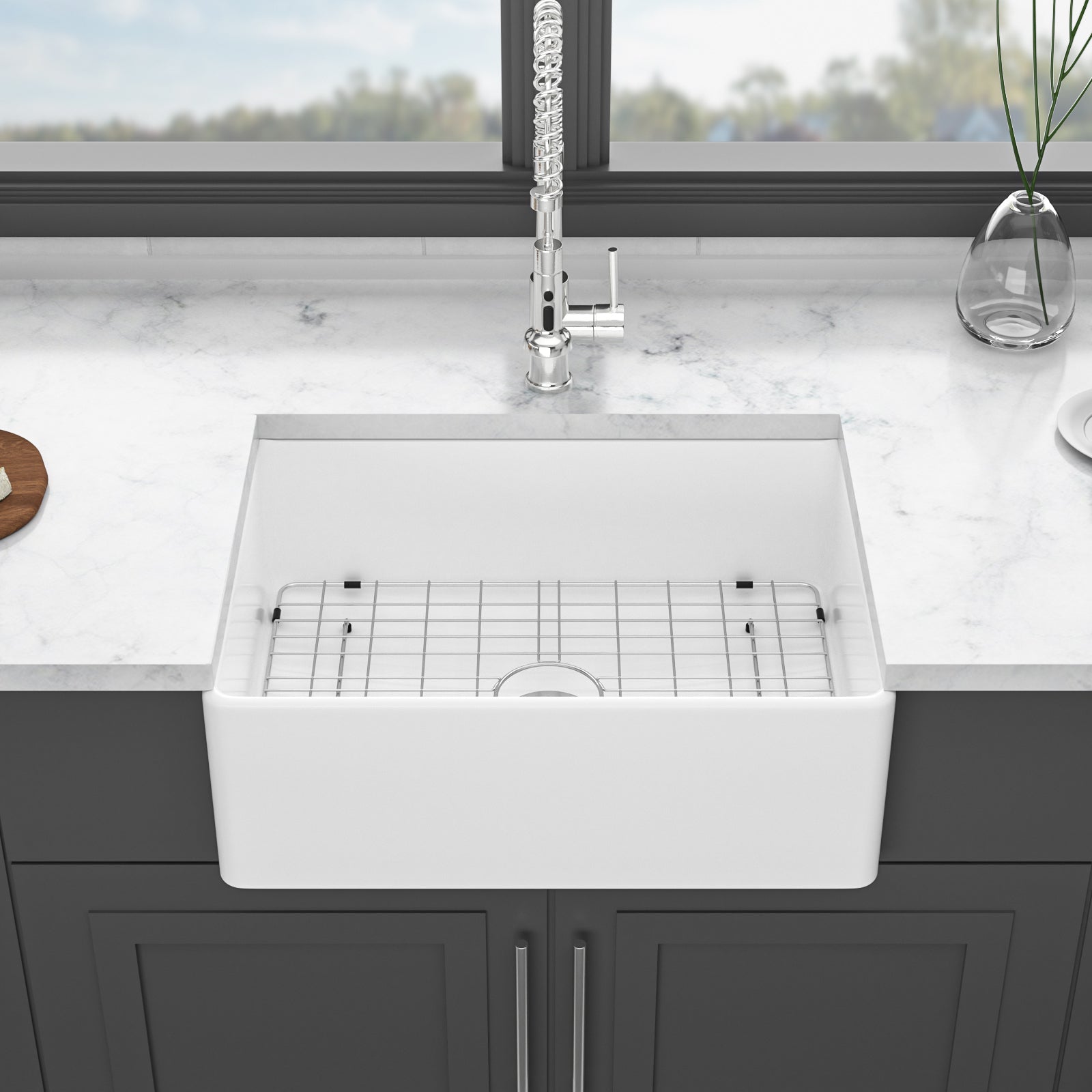 28 White Farmhouse Sink 28 Inch Kitchen Sink Ceramic Single Bowl With Drain Assembly And Bottom Grid White Ceramic