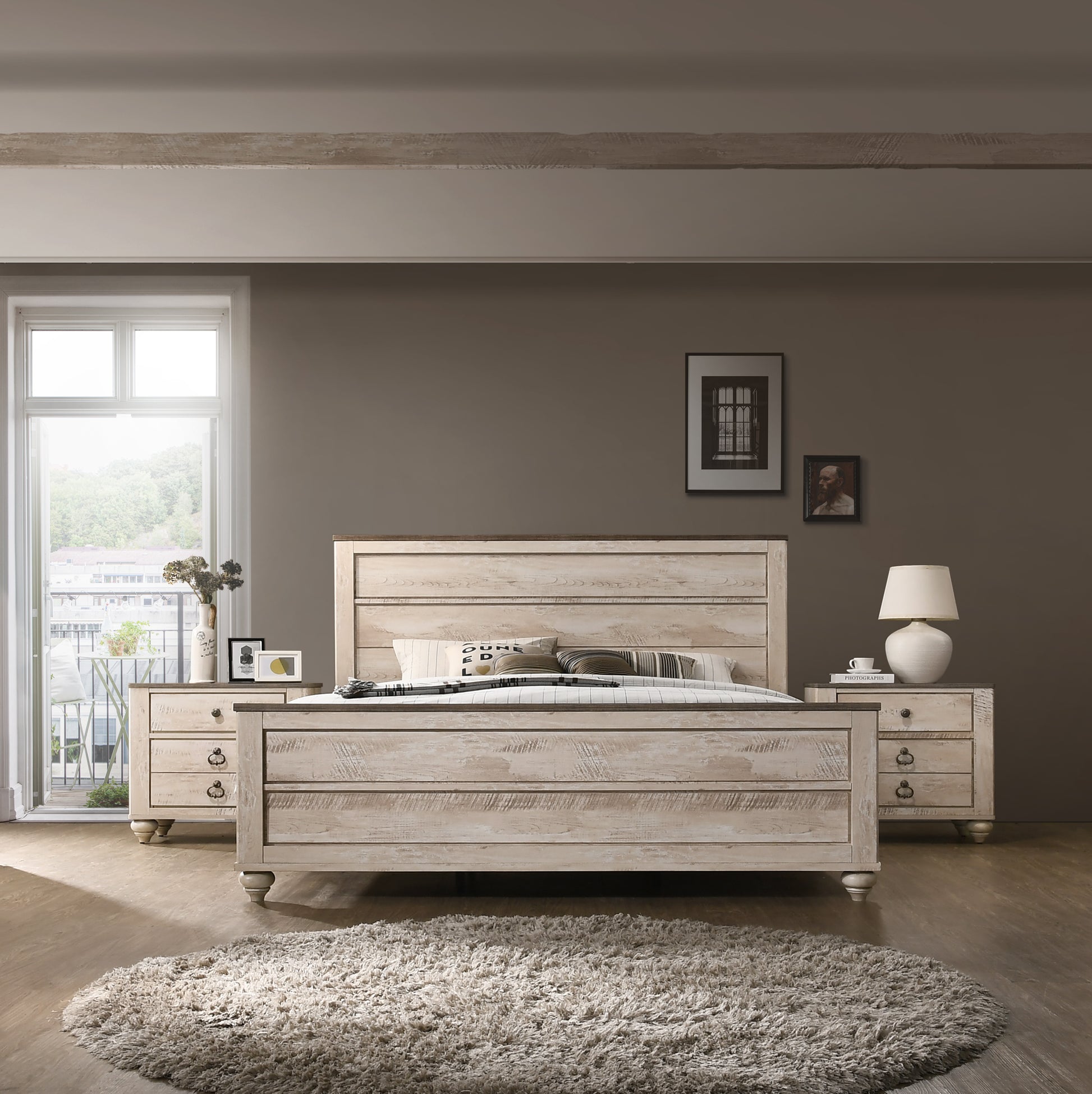 Imerland Contemporary White Wash Finish 3 Piece Bedroom Set King Bed And Two Nightstands Box Spring Required King Walnut Brown Wood Light Brown 3 Piece Set Bedroom Bed Included,Nightstand Included Contemporary,Modern Rubberwood Distressed Finish Wood