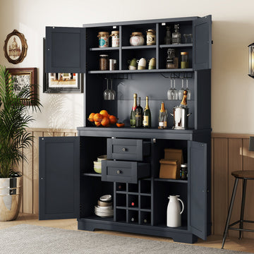 Coffee Bar Cabinet Kitchen Cabinet With Storage, Farmhouse Wine Cabinet With Drawers Shelves And Cabinets, Buffet Cabinet Wine & Glass Racks For Dining Room, Kitchen, Dark Blue Dark Blue Particle Board Mdf