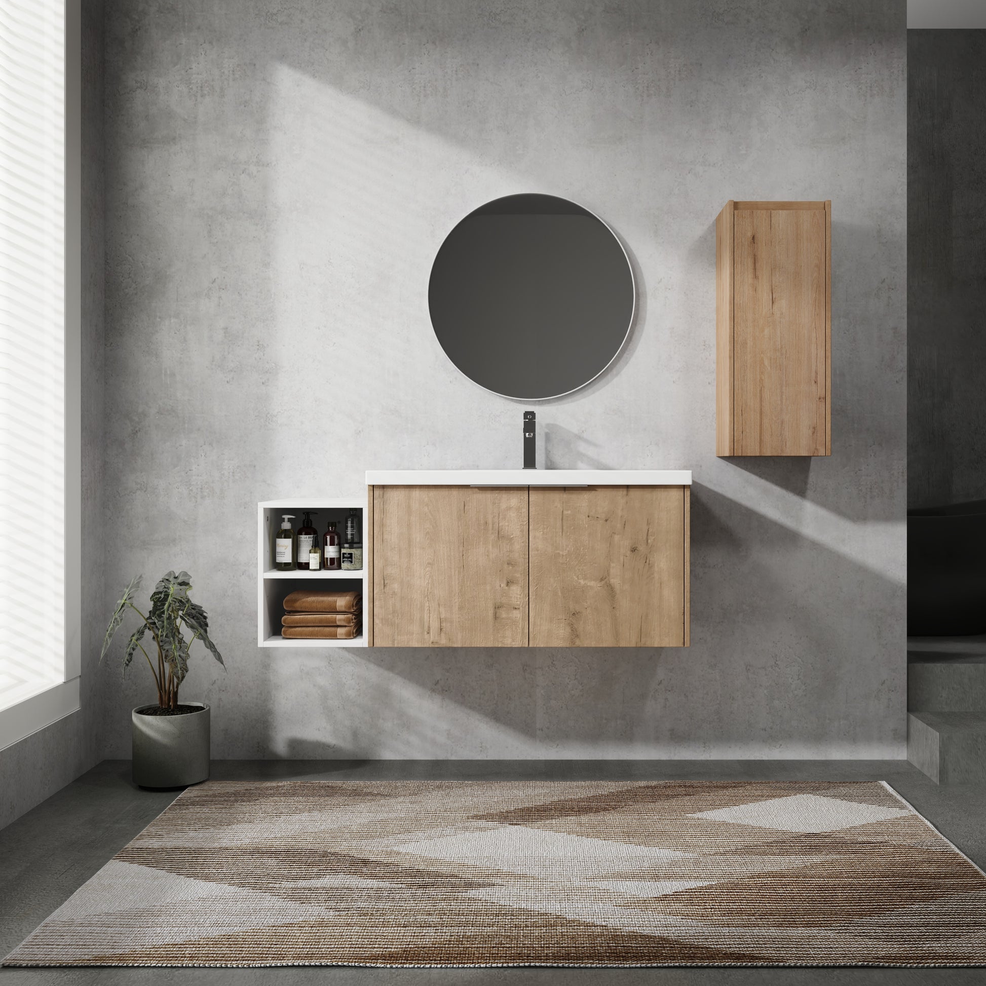 48" Wall Mounted Bathroom Vanity With Sink And Side Cabinet, Soft Close Doors,00112Imo 0636Imo 0612Gwh Combination Cabinet Kd Packing Imitative Oak Bathroom Modern Plywood Plywood