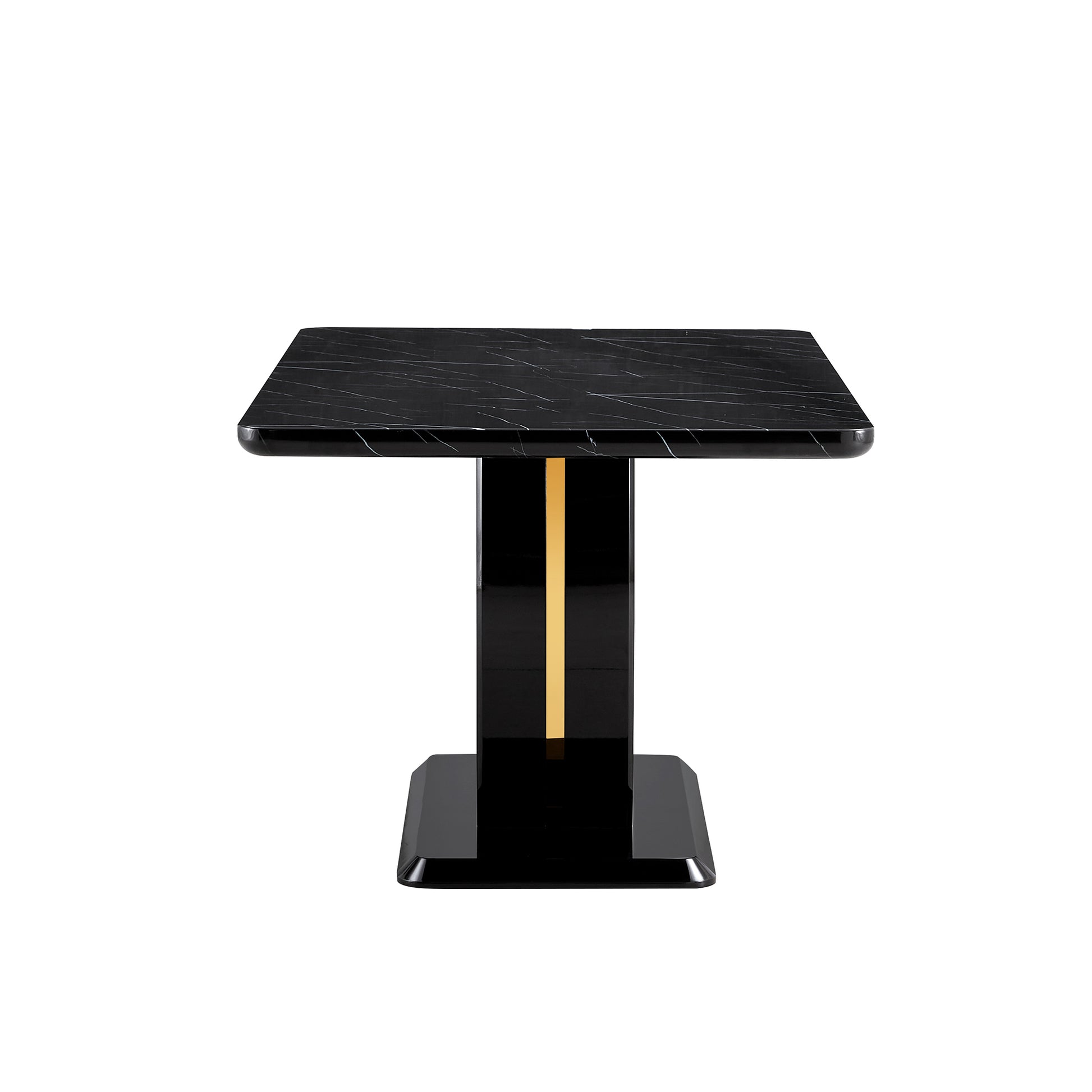 Table And Chair Set.63"W X 37"D X 30"H Black Marble Mdf Diningtable Set With 6 Black Pu Chairs With Gold Metal Legs.Bring A Comfortable Home Experience To The Kitchen, Bedroom, And Office.