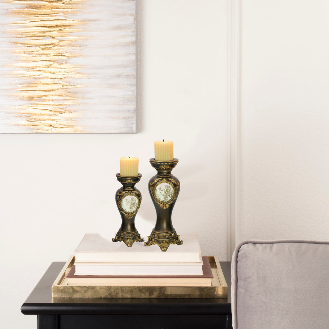 11" And 14" Tall Polyresin Candleholder, Bronze Finish Set Of 2 Bronze Polyresin