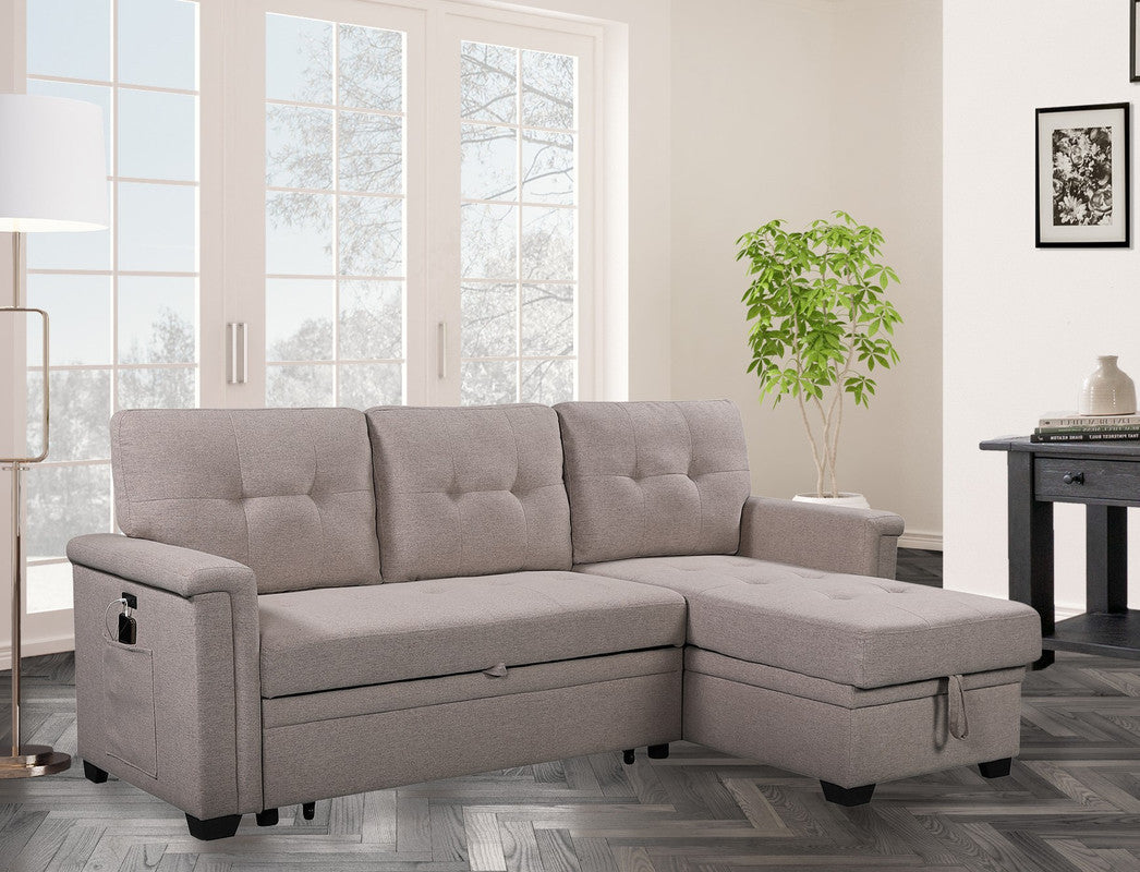 Nathan 84" Light Gray Reversible Sleeper Sectional Sofa With Storage Chaise, Usb Charging Ports And Pocket Light Gray Linen