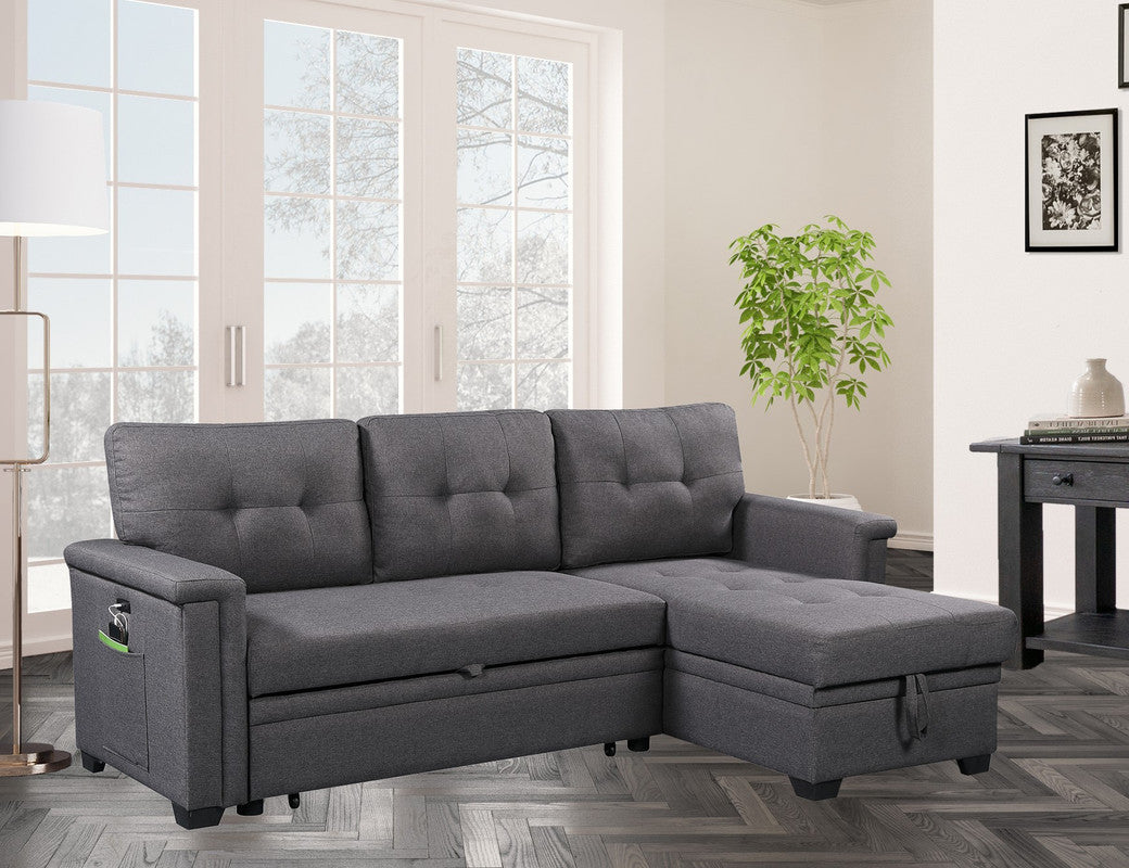 Nathan 84" Dark Gray Reversible Sleeper Sectional Sofa With Storage Chaise, Usb Charging Ports And Pocket Dark Gray Linen