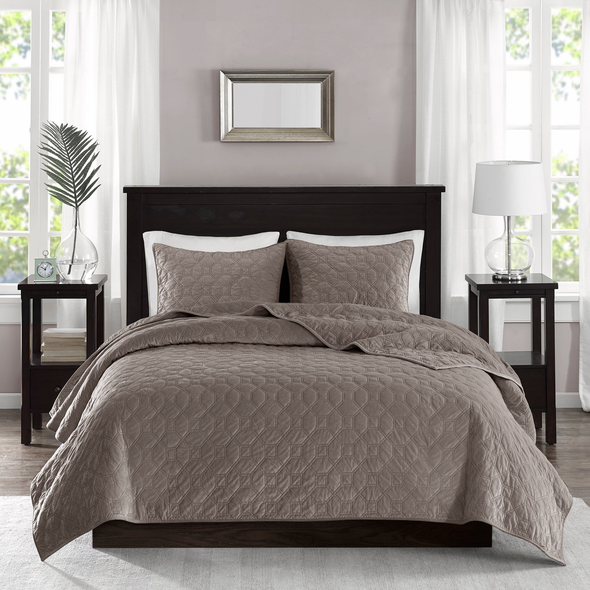 3 Piece Velvet Quilt Set Taupe King Cal King King Taupe Cotton