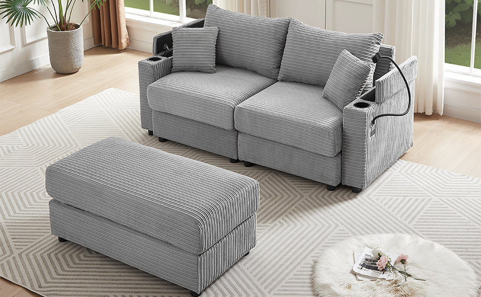 72.8" Modern Style Loveseat Sofa Sectional Sofa Couch With Storage Space, A Movable Ottoman, Two Usb Ports, Two Cup Holders, A Phone Holder For Living Room, Gray Gray Foam Corduroy 3 Seat