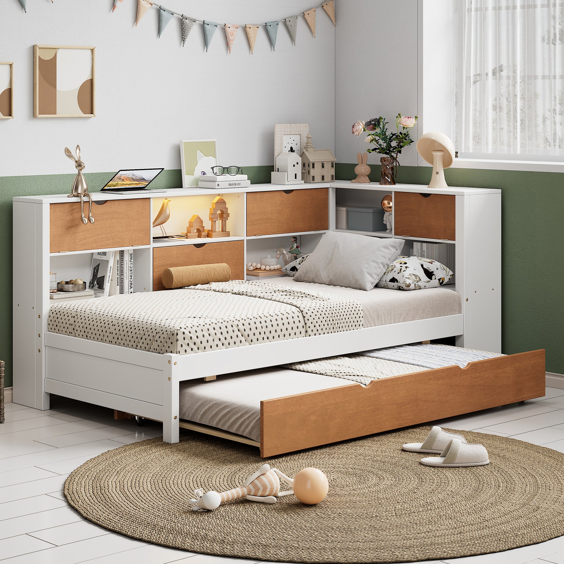 L Shaped Bed Frame With Trundle And And Bookcase,Corner Bed Wooden Captain Bed With Led Downlight And Usb Port For Small Room,Bedroom, Guest Room, Full Size, Walnut And White Box Spring Not Required Full White Walnut Wood Bedroom Modern Pine Bed Frame