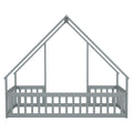 Twin Wood House Shaped Floor Bed With Fence, Guardrails ,Grey Twin Grey American Design Pine