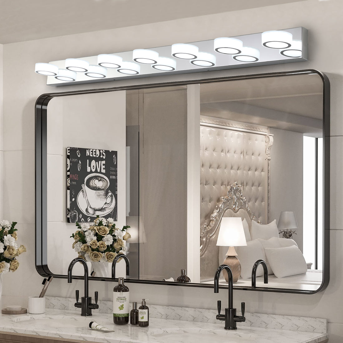 Modern 7 Light Led Vanity Light Fixture Chrome Finish With Acrylic Light Shades Energy Efficient Bathroom Wall Sconce Dimmable, 52.2 Inch Length Chrome Acrylic,Stainless Steel