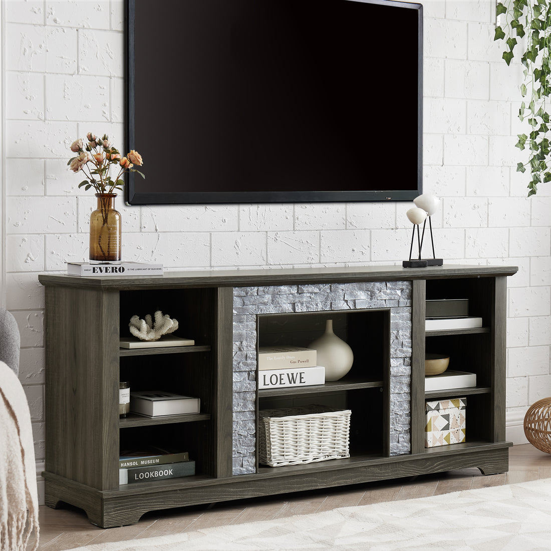 Mantel Stone Tv Media Stand With With Faux Stacked Stone Surround, Modern Entertainment Console With Open Storage Space,Grey, 58.31"W*15.39"D*26.06"H Grey 60 69 Inches Mdf