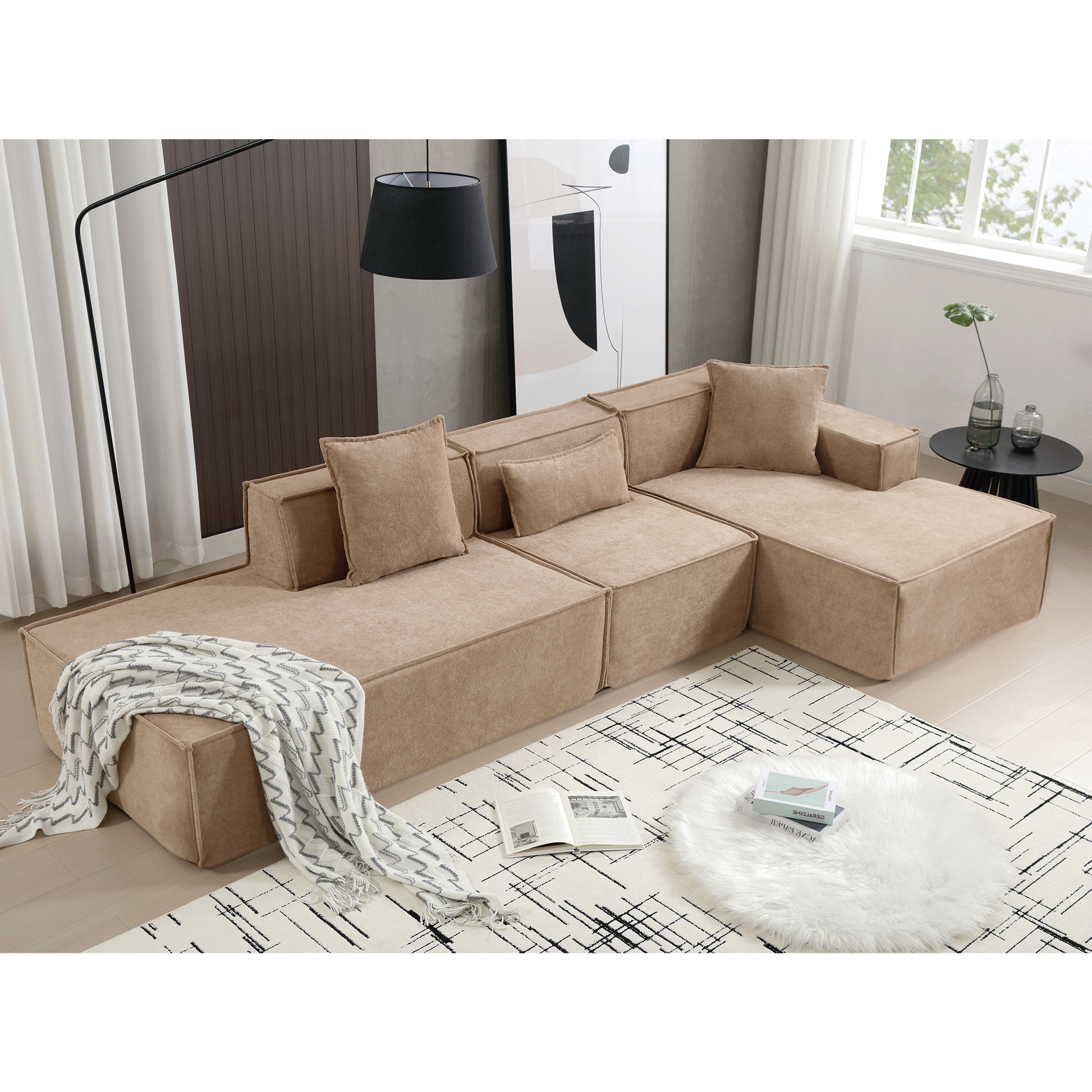 Modular Combination Sofa Set, Modern Minimalist Sofa, Free Installation Sofa, L Shaped, Italian Minimalist Tofu Block Sofa, Right Hand Facing,Terrycloth Fabric,Light Brown Light Brown Polyester Primary Living Space Soft Modern Polyester 3 Seat