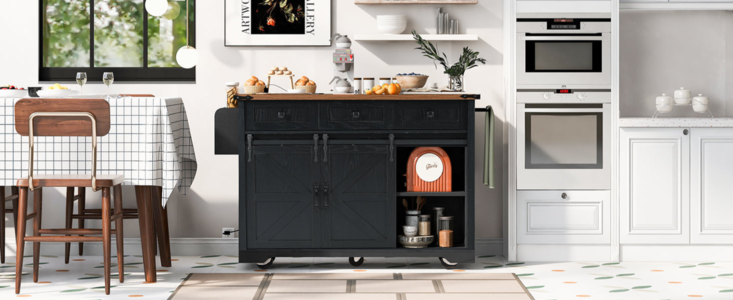 K&K 53.7" Farmhouse Kitchen Island With Power Outlet, 2 Sliding Barn Door Kitchen Storage Island With Drop Leaf, Spice Rack Rolling Kitchen Cart On Wheels, For Home, Kitchen And Dining Room, Black