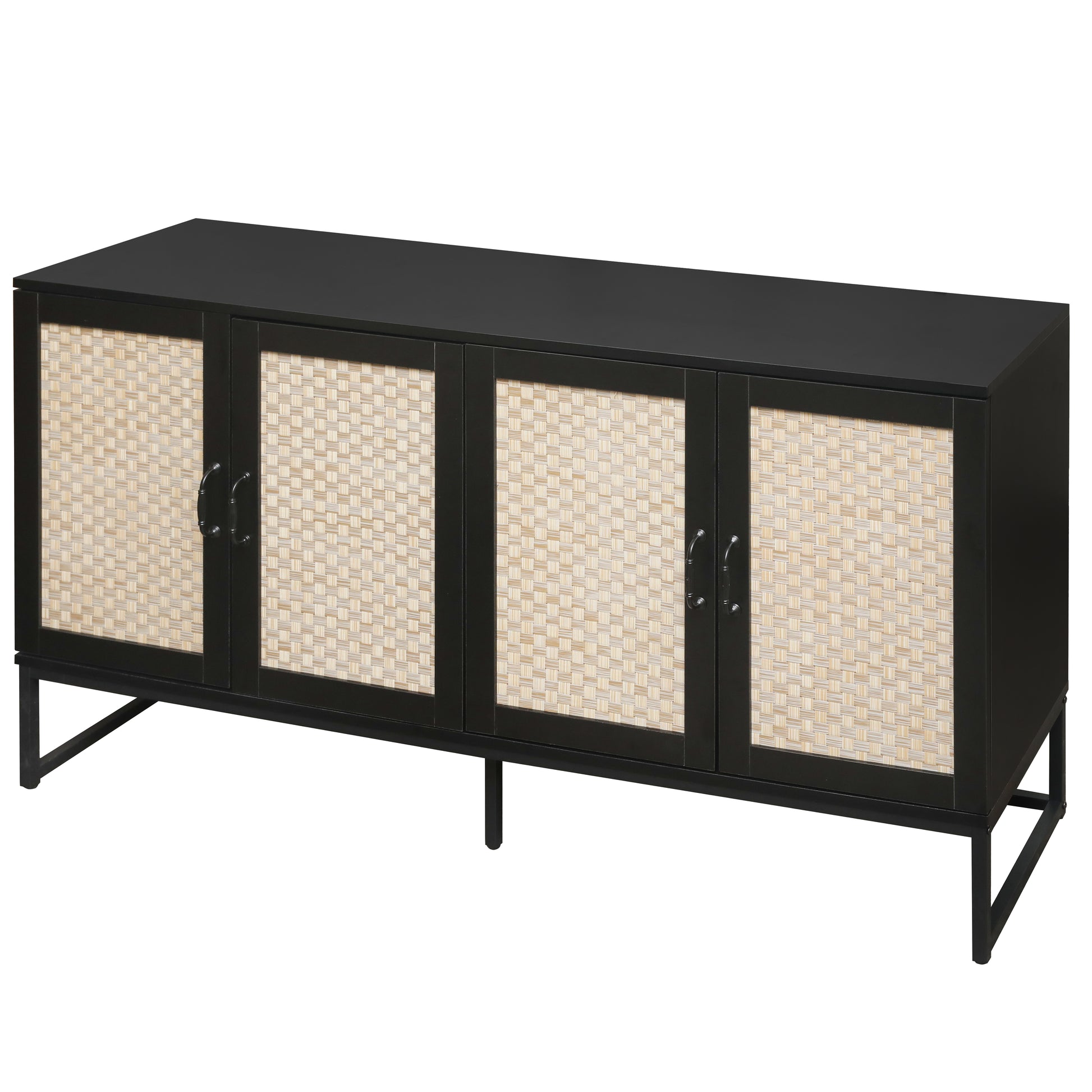 Rattan 4 Door Sideboardsideboard Buffet Storage Cabinet,Accent Storage Cabinetlarge Cabinet With 4 Rattan Decorated Doors For Living Room Dining Room Black Modern Particle Board Mdf