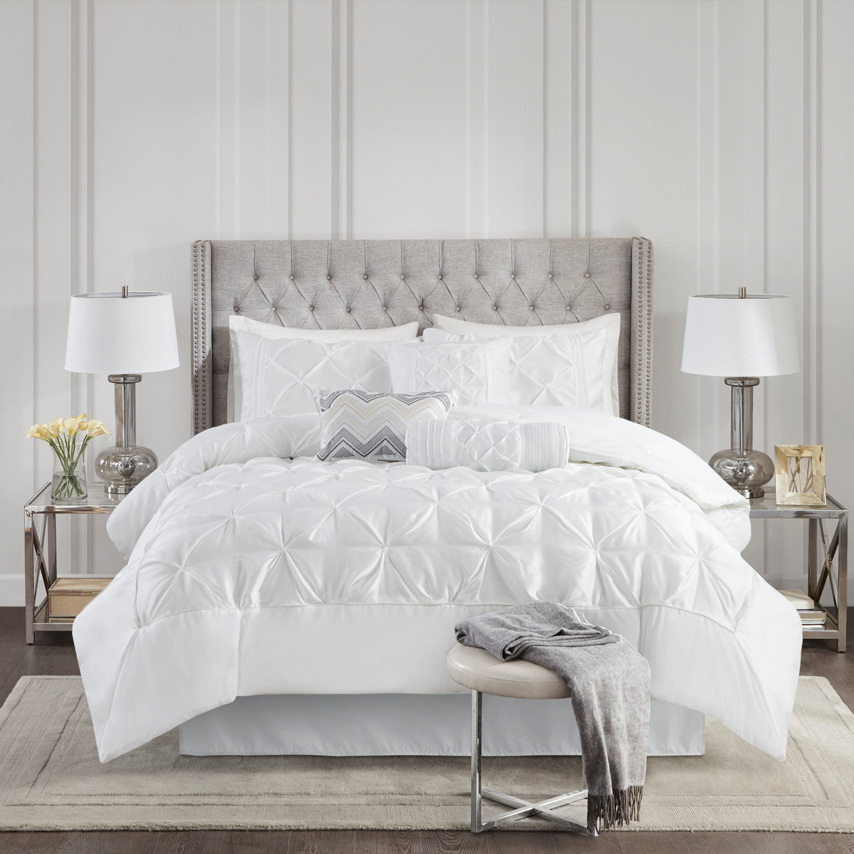 7 Piece Tufted Comforter Set White King King White Polyester