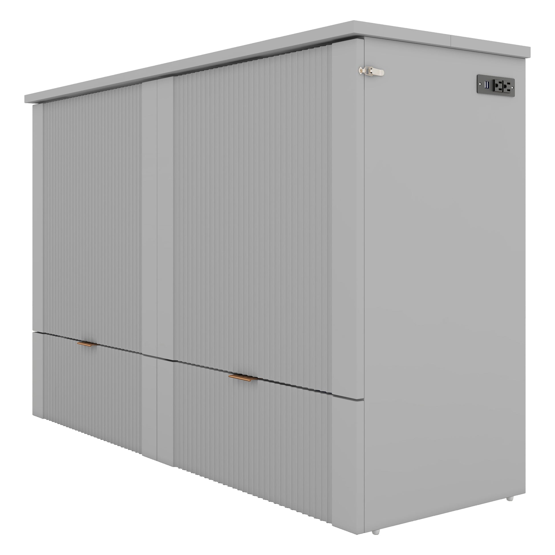 Full Size Murphy Bed With Drawer And A Set Of Sockets & Usb Ports, Pulley Structure Design, Gray Full Gray Plywood