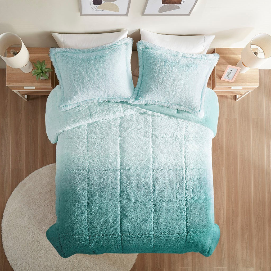 Ombre Shaggy Long Fur Comforter Mini Set Twin Aqua Polyester