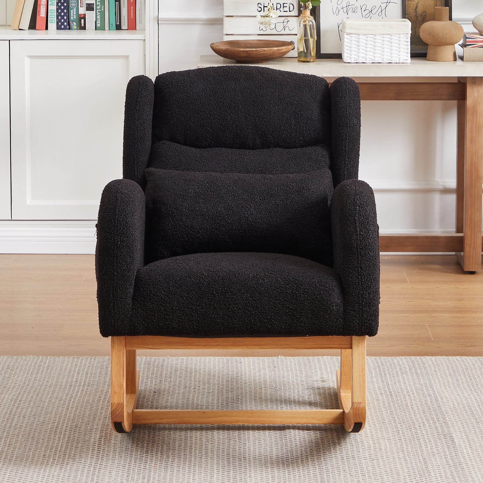 27.2"W Modern Accent High Backrest Living Room Lounge Arm Rocking Chair, Two Side Pocket Black Foam Fabric