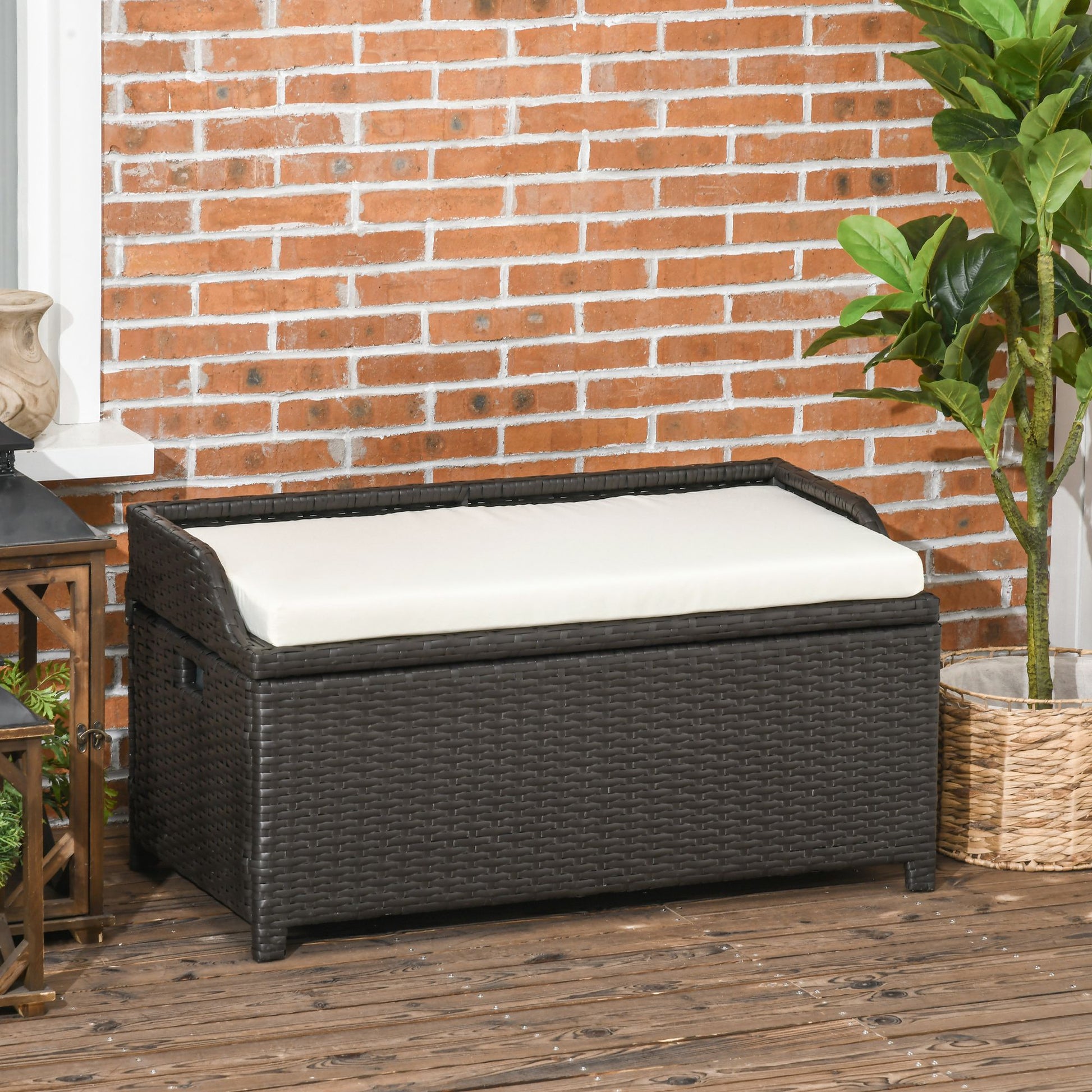 Outsunny Outdoor Wicker Storage Bench Deck Box, Pe Rattan Patio Furniture Pool Container Storage Bin With Interior Waterproof Bag And Comfortable Cushion, Cream White Cream White Aluminum