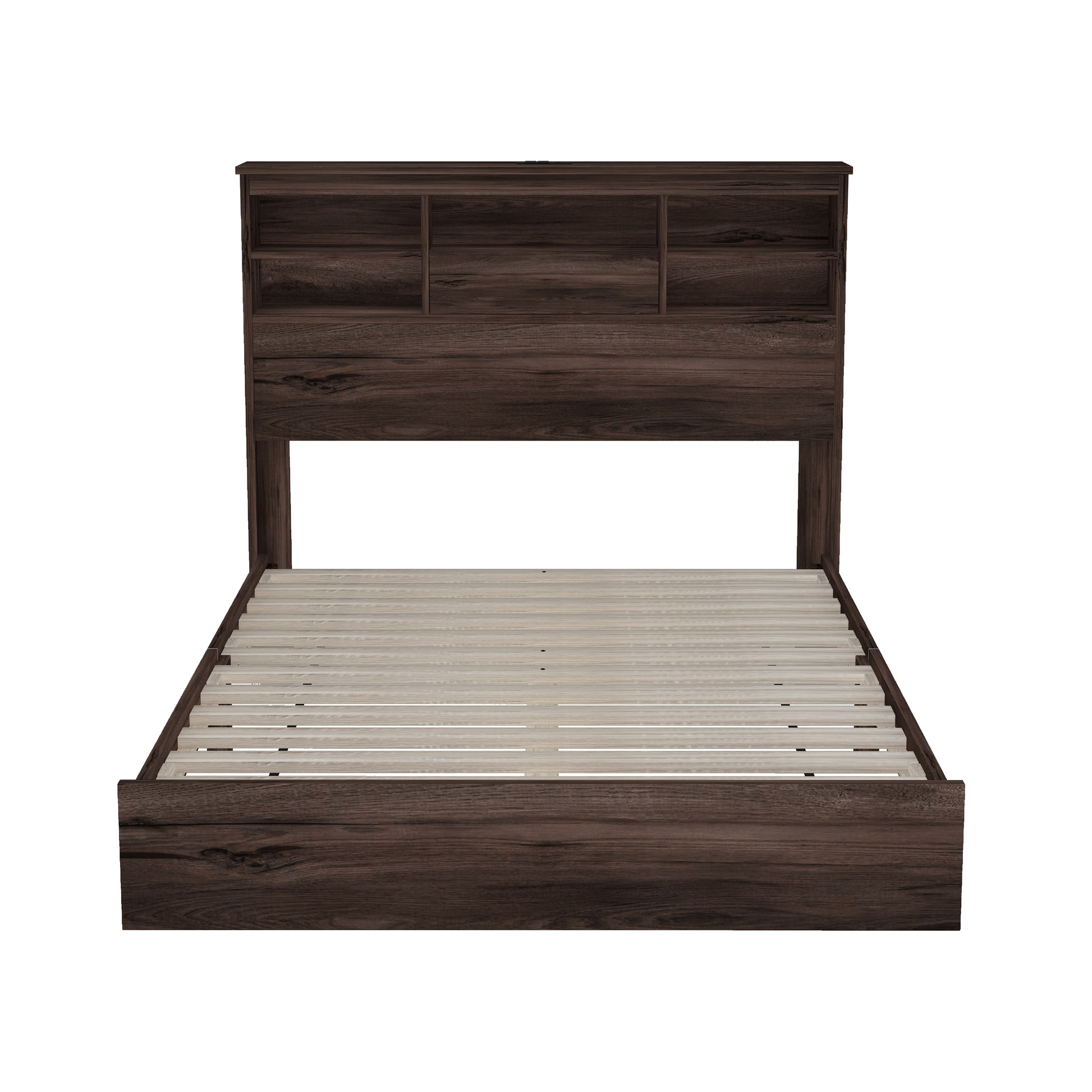Queen Size Wooden Platform Bed With Storage Headboard,American Country Style Bed With Usb Charging Ports,Dark Walnut Queen Walnut American Traditional Mdf
