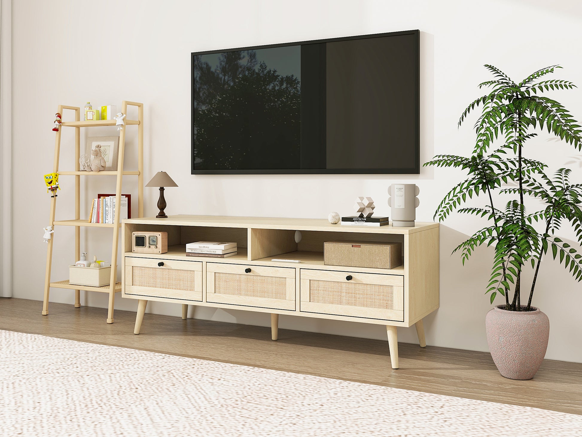 Rattan Tv Stand With Solid Wood Feet, Tv Console Table For Living Room, Natural Oak Particle Board