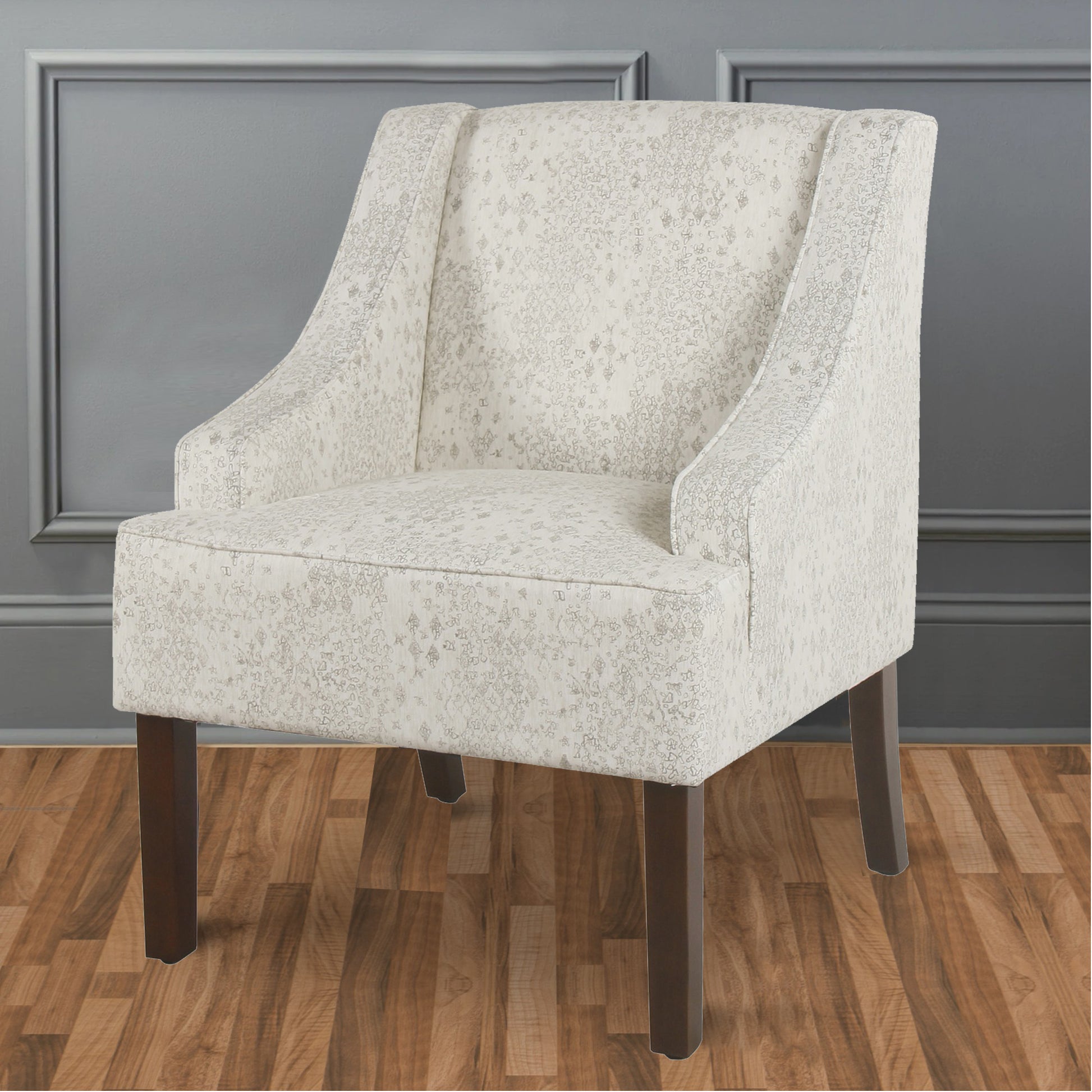 Fabric Upholstered Wooden Accent Chair With Swooping Arms, White And Brown Off White Wood Fabric