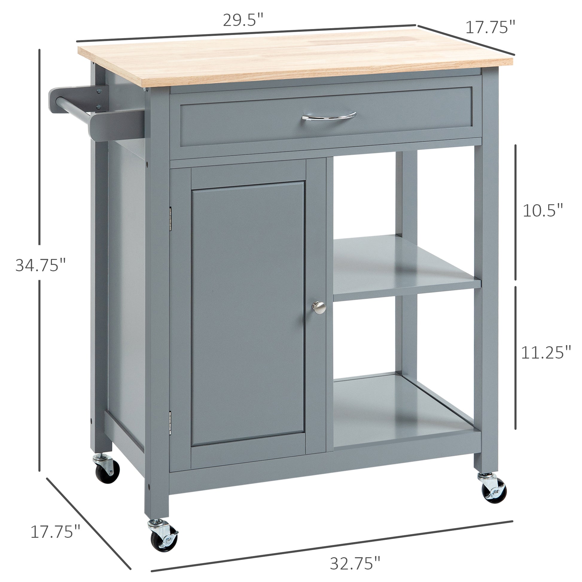 Homcom Kitchen Island Cart, Rolling Kitchen Island With Storage Shelf, Solid Wood Top, Drawer, For Dining Room, Gray Grey Mdf