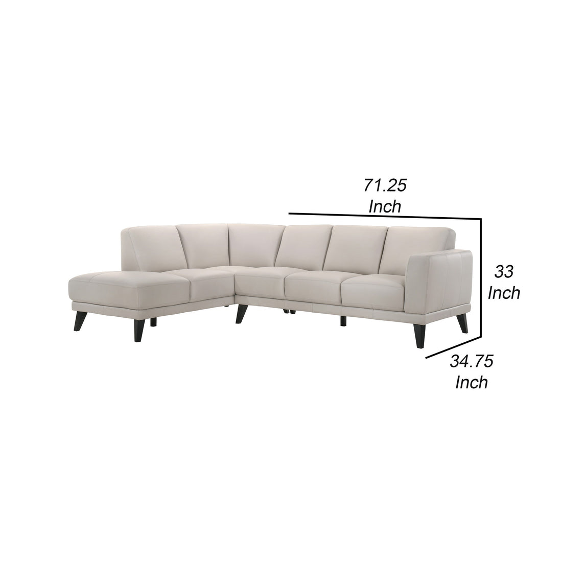 Fin 71 Inch Right Arm Facing Sofa, Mist Gray, Genuine Italian Leather Gray Wood 5 Seat