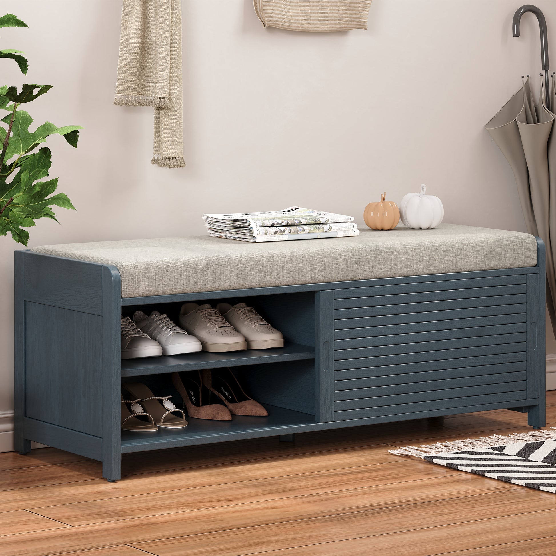 Distressed Shutter Storage Bench With Acacia Veneer For Retro Charm For Living Room, Entryway Navy Navy Mdf