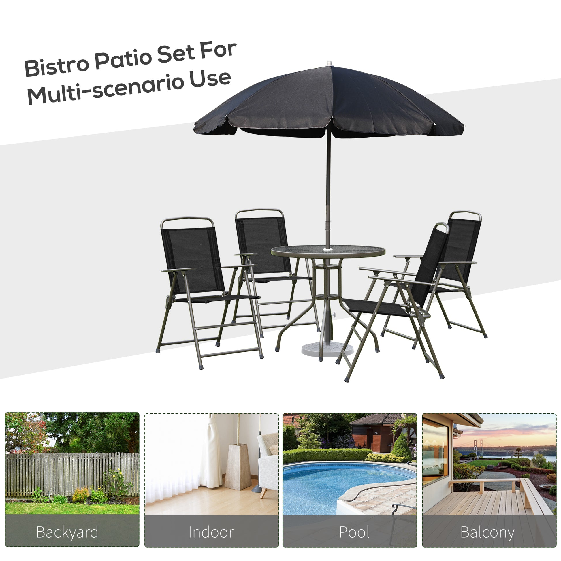 Outsunny 6 Piece Patio Dining Set For 4 With Umbrella, Outdoor Table And Chairs With 4 Folding Dining Chairs & Round Glass Table For Garden, Backyard And Poolside, Black Black Steel