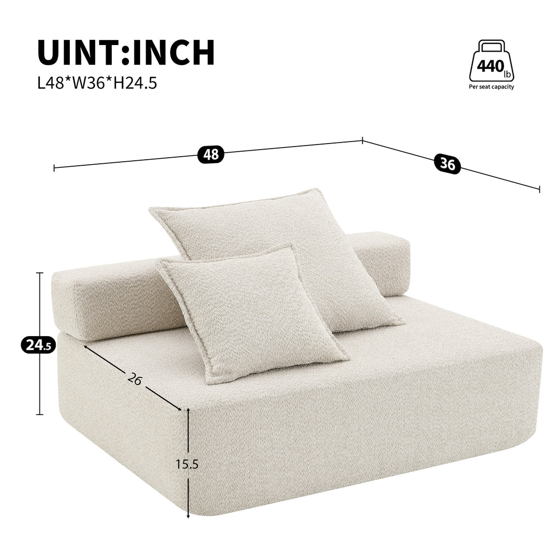 Loveseat Frame For Oversized Modular U Shaped Sectional Sofa,Luxury Boucle Floor Couch Set,Convertible Sleeper Couch,Spacious Foam Filled Sofa Bed For Living Room Beige Boucle 1 Seat