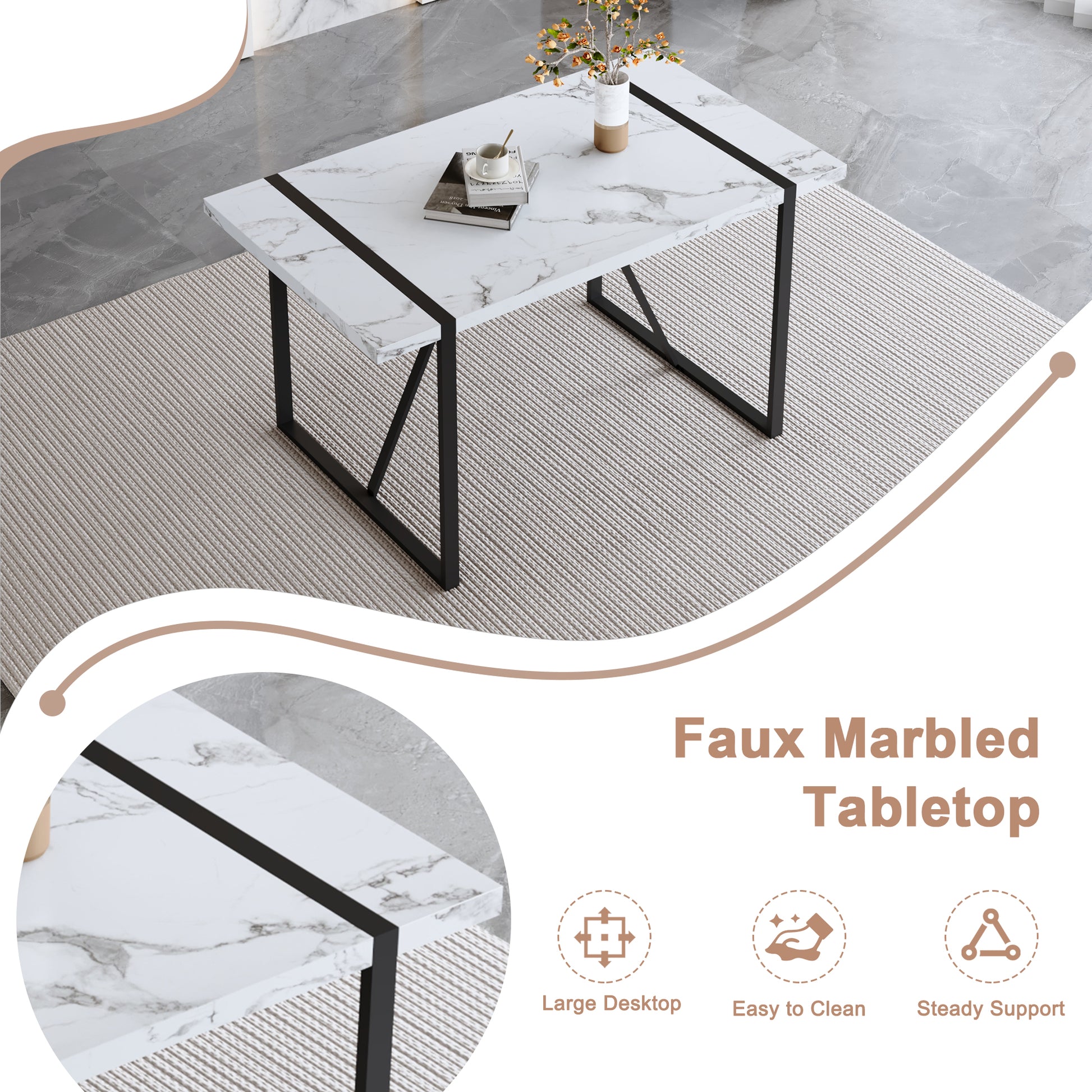 Table And Chair Set.A Modern Minimalist White Marble Veined Mdf Dining Table With Metal Frame.Paired With 4 Dark Gray Dining Chairs With Fabric Cushion And Black Metal Legs. Dark Gray,White Seats 4