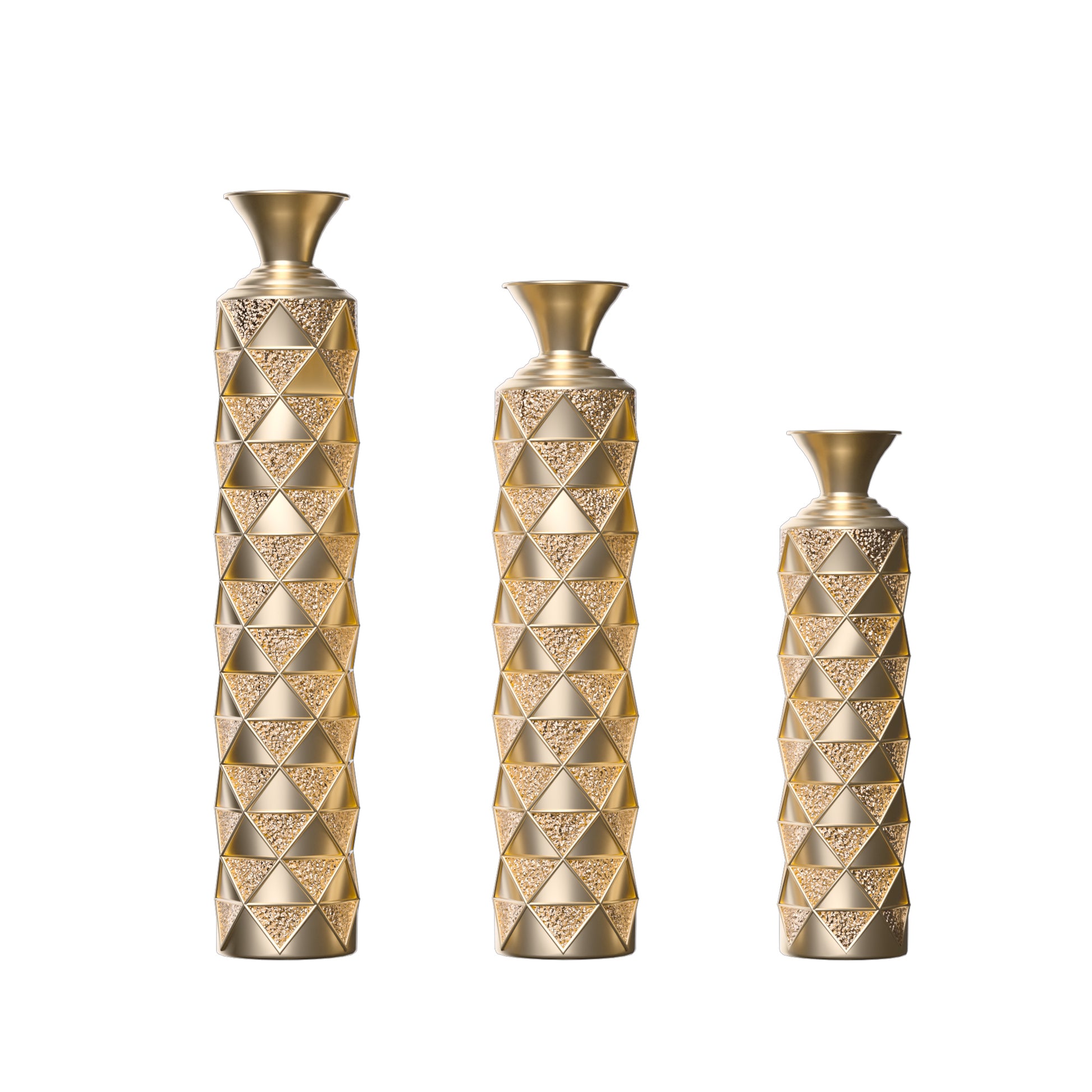 Metal Decorative Vase High Distress Metal Center Vase With 3D Triangle Pattern, Set Of 3 Vases For Home Decoration 33.5 ", 29.5 ", 25.2 "High, Gold Antique Gold American Design,American Traditional,Antique,Art Deco Metal