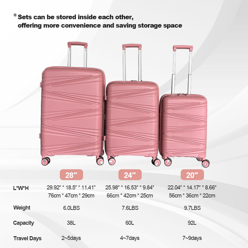Hardside Luggage Sets 3 Pieces, Expandable Luggages Spinner Suitcase With Tsa Lock Lightweight Carry On Luggage 20Inch 24Inch 28Inch Rose Gold Polypropylene