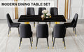 Table And Chair Set.The Table Has A Glass Top With Imitation Marble Pattern Stickers And Stainless Steel Golden Legs. Paried With Chairs With Pu Artificial Leather Backrest Cushions And Black Legs. Black Gold Seats 8 Glass Metal