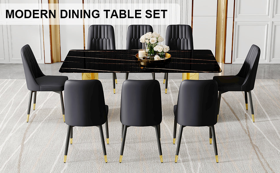 Table And Chair Set.The Table Has A Glass Top With Imitation Marble Pattern Stickers And Stainless Steel Golden Legs. Paried With Chairs With Pu Artificial Leather Backrest Cushions And Black Legs. Black Gold Seats 8 Glass Metal