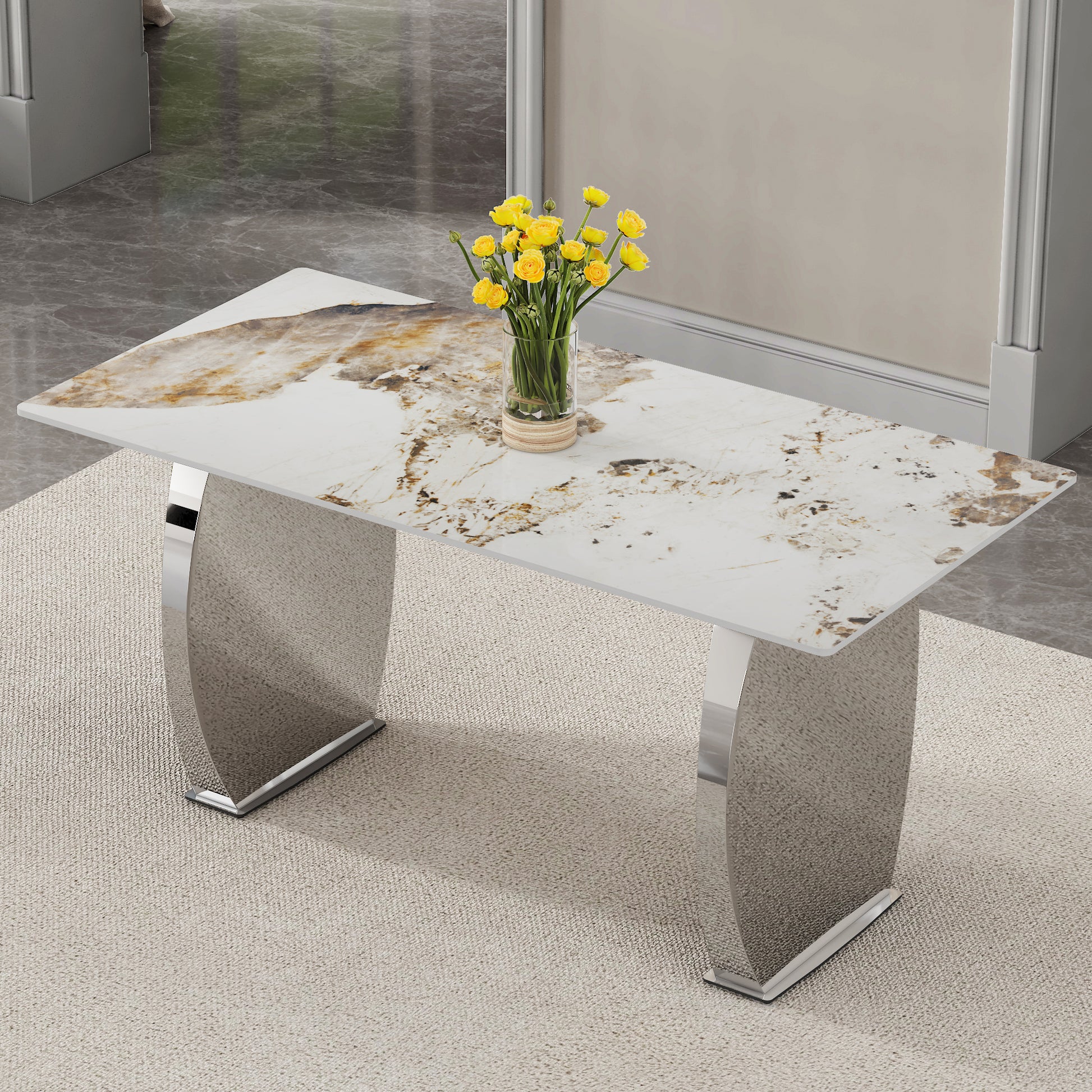 Modern Rectangular Dining Table, Imitation Marbled Rock Plate Table Top, Stainless Steel Table Legs, Suitable For Kitchen, Dining Room, Living Room 63 Inches * 31.4 Inches. Silver Sintered Stone