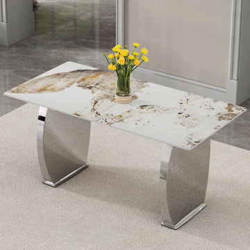 Modern Rectangular Dining Table, Imitation Marbled Rock Plate Table Top, Stainless Steel Table Legs, Suitable For Kitchen, Dining Room, Living Room 63 Inches * 31.4 Inches. Silver Sintered Stone