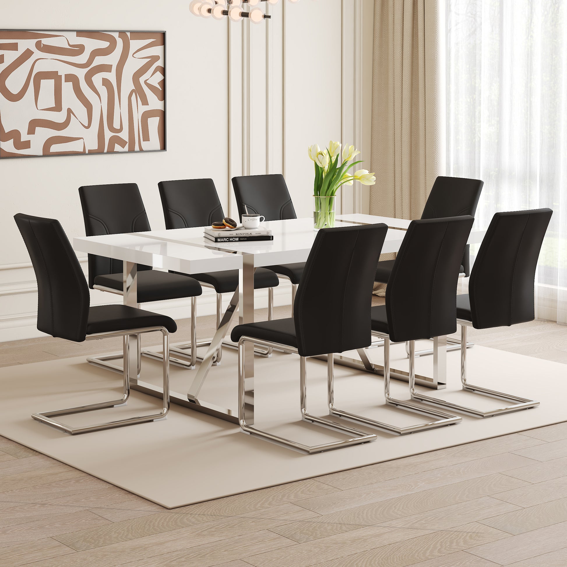 Table And Chair Set.71"X39.3" White Mdf Painting Dining Table Set With 8 Black Pu Chairs.Showcasing A Modern And Stylish Look.Suitable For Dining Room.Mdf Painting,Iron Pipe Plating,Pu Chiairs.