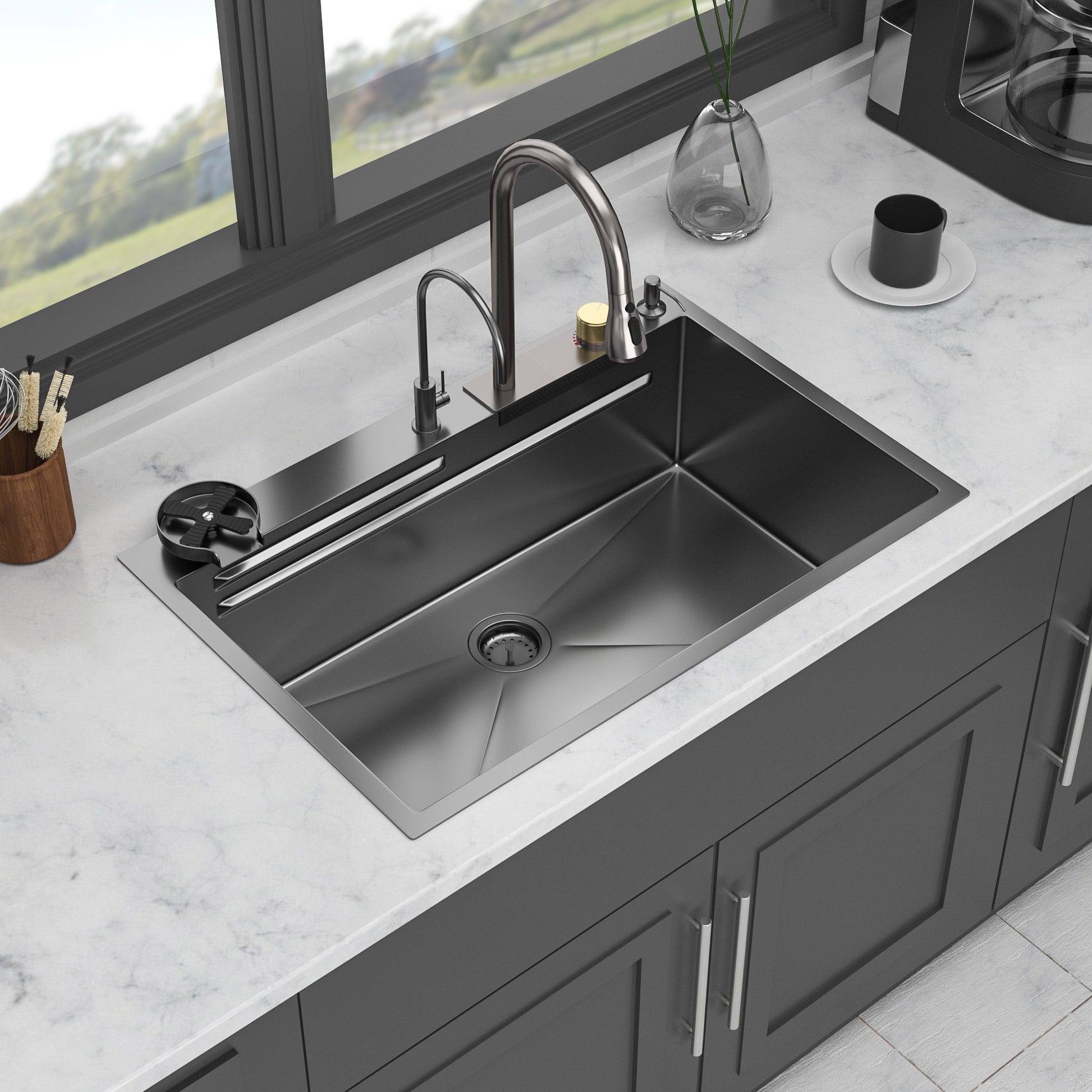 Gunmetal Black Drop In Waterfall Kitchen Sink 33*22 Inch Single Bowl 16 Gauge Stainless Steel Ledge Workstation Kitchen Sinks With Pull Out Faucet & Cup Washer Gunmetal Black Stainless Steel