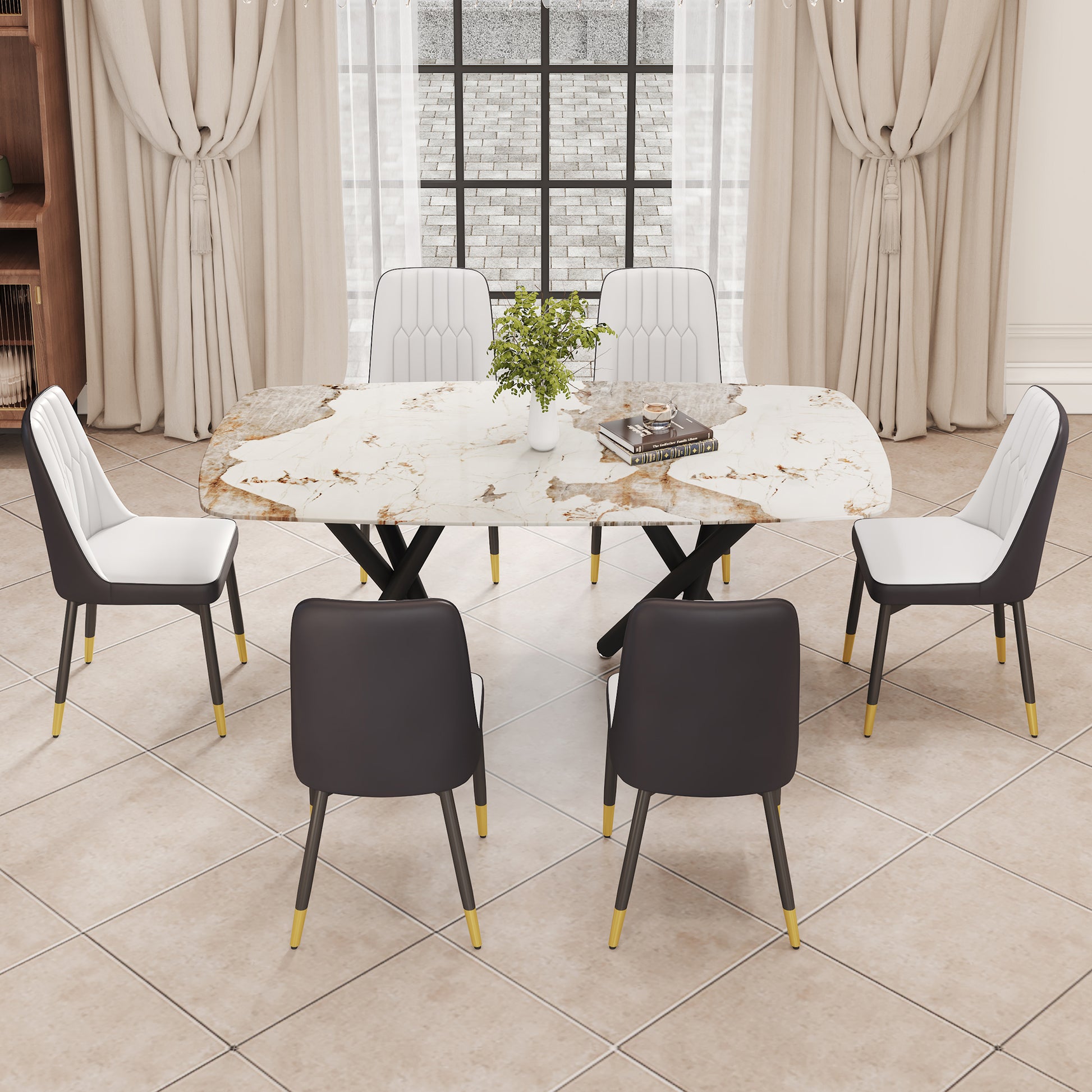 1 Table And 6 Chairs Set.A Rectangular Dining Table With A 0.39 Inch Imitation Marble Tabletop And Black Metal Legs.Paired With 6 Chairs With Pu Leather Seat Cushion And Black Metal Legs.F 1538,C 007 Black Glass Metal