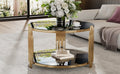 Modern Black Mirror Coffee Table, Asymmetrical Metal, Circular Metal Drum Base, Gold Finish & Lower Shelf Black Tempered Glass