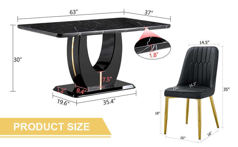 Table And Chair Set.63"W X 37"D X 30"H Black Marble Mdf Diningtable Set With 4 Black Pu Chairs With Gold Metal Legs.Bring A Comfortable Home Experience To The Kitchen, Bedroom, And Office.