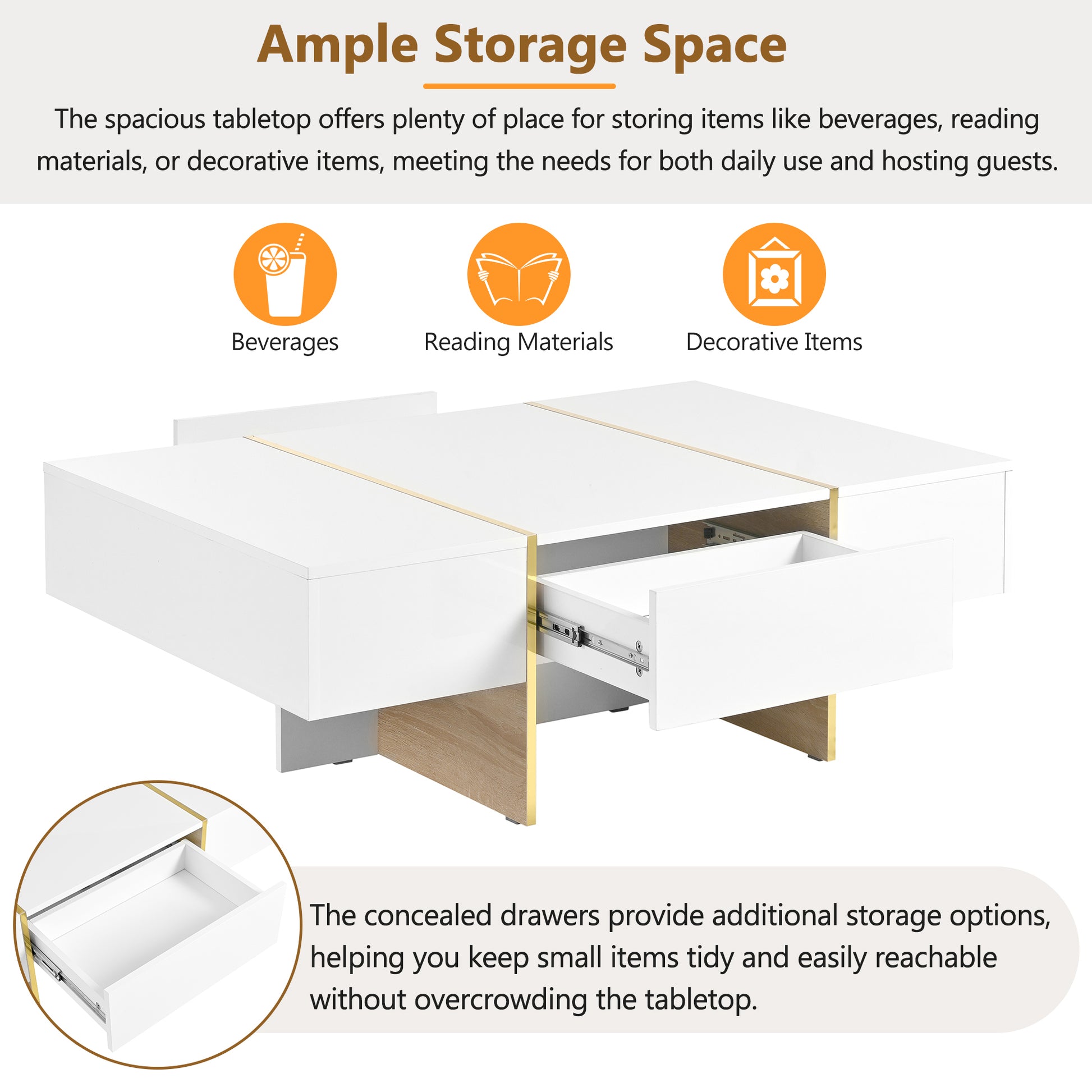 47.2'' X 31.4''Minimalist High Gloss Coffee Table With 2 Drawers, Multi Storage Rectangle Sofa Table With Golden Wood Grain Legs, Modern Center Table For Living Room, White White Particle Board Mdf