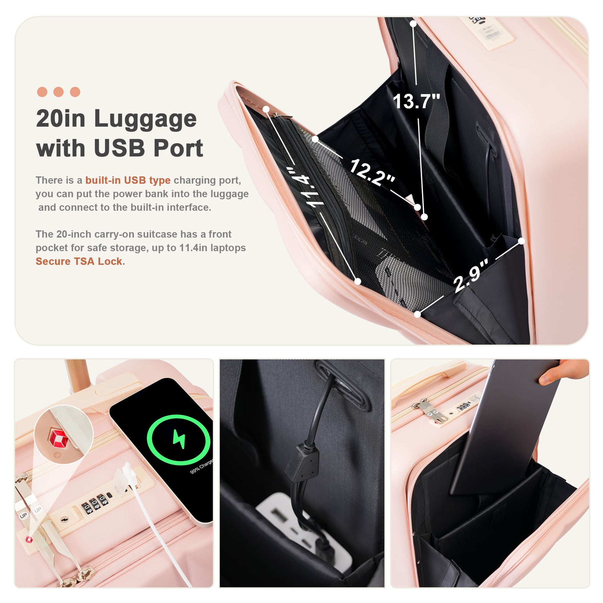 Luggage Sets 3 Piece, 20 Inch With Usb Port And Front Opening Design, Abs Hard Shell Luggage With Spinner Wheels, Cup Holder, Pink Pink Abs