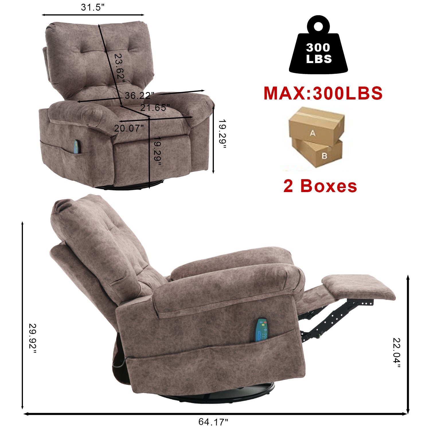 Overstuffed Rocker Recliner Chair With Massage And Heat, 360 Swivel Fabric Wide Seat Single Sofa Lounge Chairs With Side Pocket, Manual Home Theater Recliners For Living Room Brown Metal Soft Heavy Duty Textile