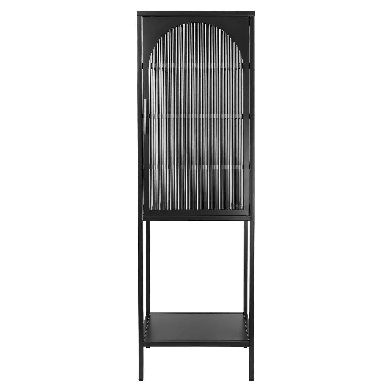 Stylish Tempered Glass High Cabinet With Arched Door Adjustable Shelves And Feet Anti Tip Dust Free Fluted Glass Kitchen Credenza Black Black Tempered Glass Sheet Metal Plastic