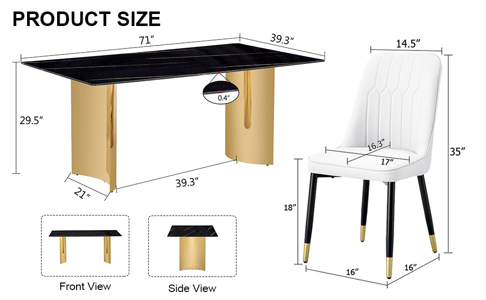 Table And Chair Set.The Table Has A Glass Top With Imitation Marble Pattern Stickers And Stainless Steel Golden Legs. Paried With Chairs With Pu Artificial Leather Backrest Cushions And Black Legs. Black Gold Seats 6 Glass Metal